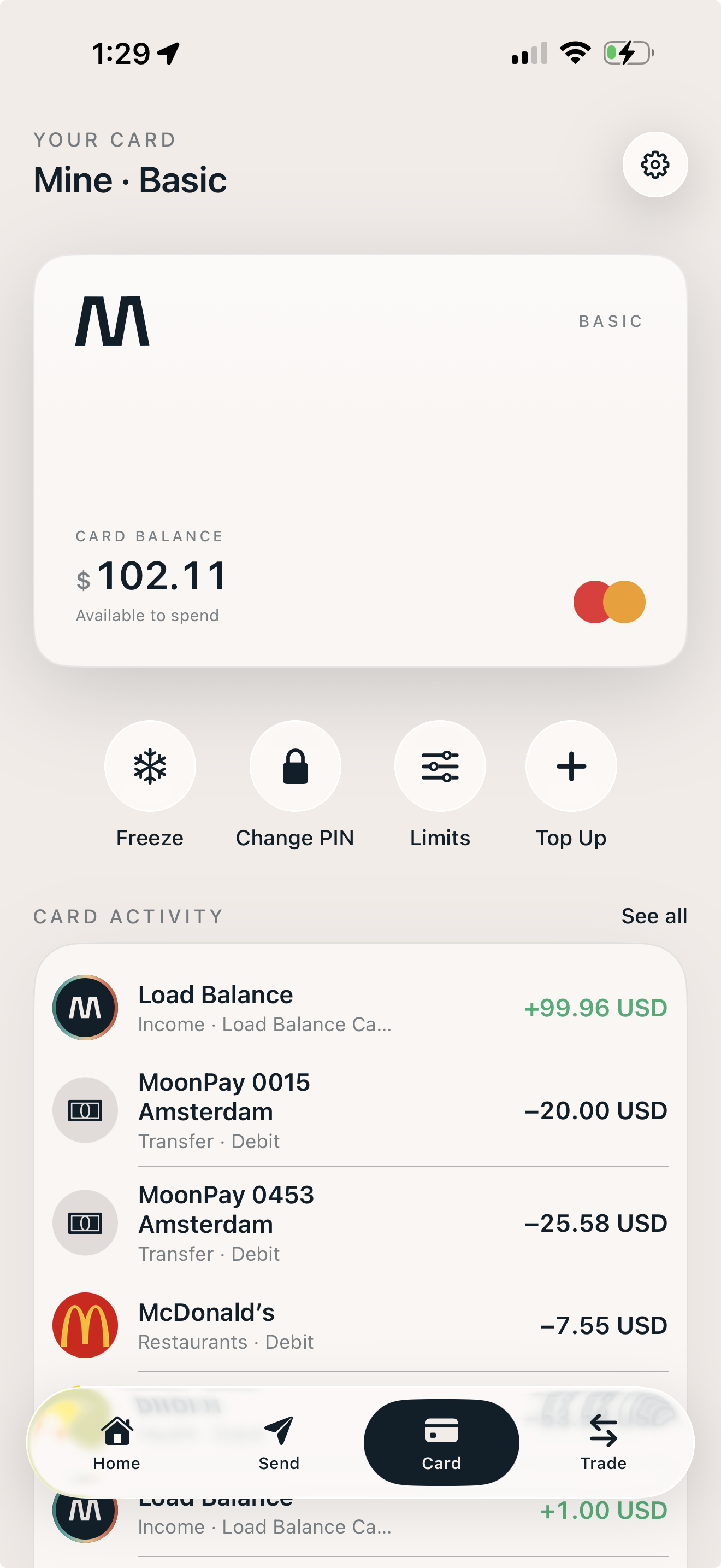 Mine card screen with balance and recent card activity