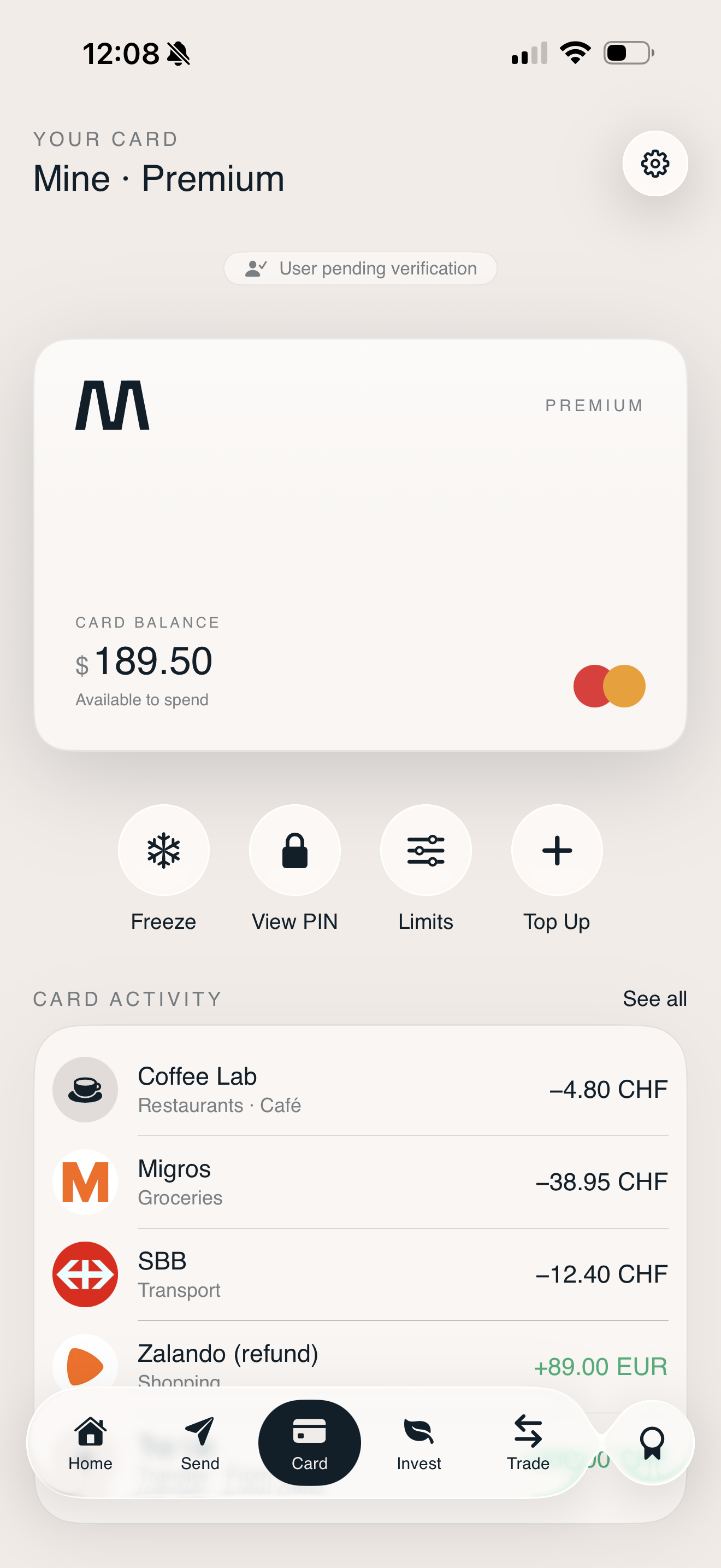 The Mine card in the app