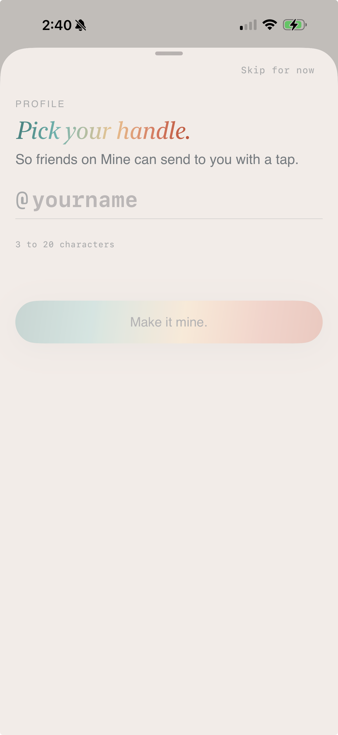 Pick your handle - profile setup screen for finding friends on Mine