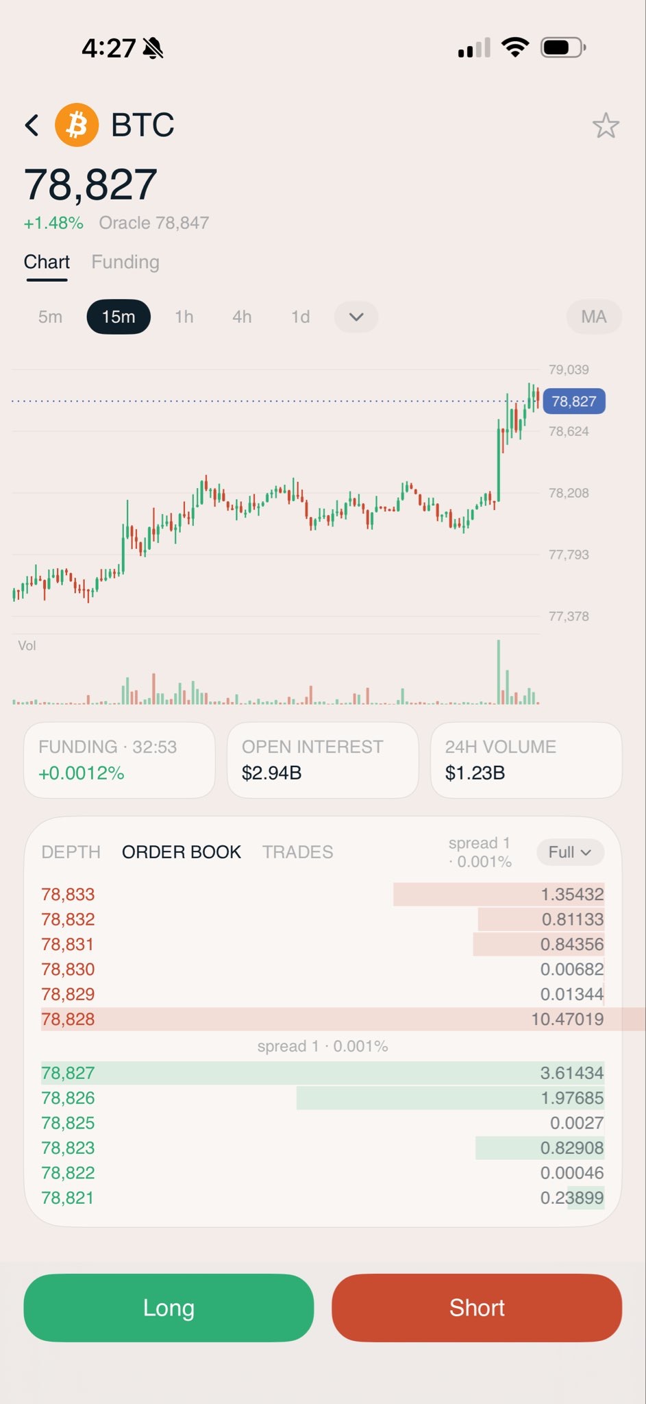 BTC perp on a phone in Mine, with chart, funding, open interest and a live order book